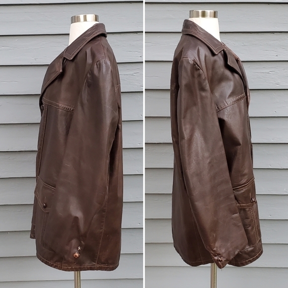 Vintage 70s Western Sears Brown Leather Shop Fleece Insulated Car Coat Jacket Lg - Picture 2 of 6
